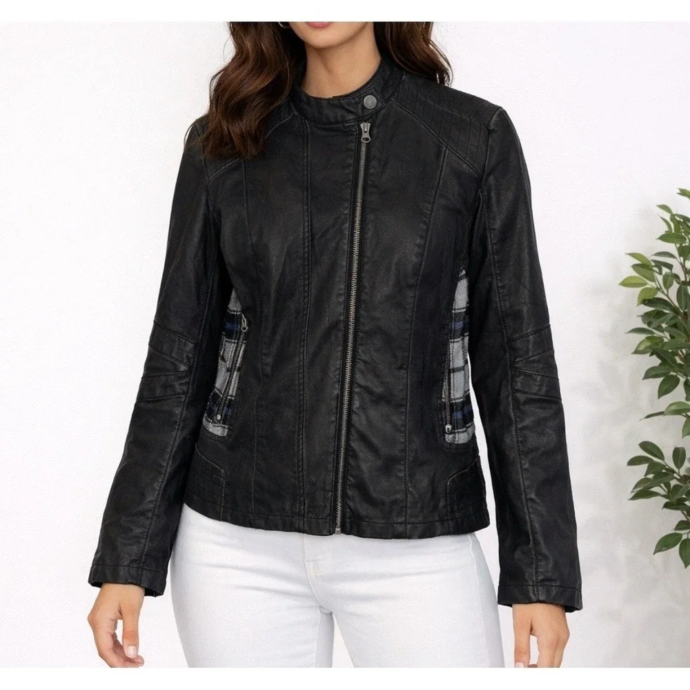Womens Vegan Leather Jacket Sz L Plaid Vtg Classic Coat Y2K Art To Wear Winter